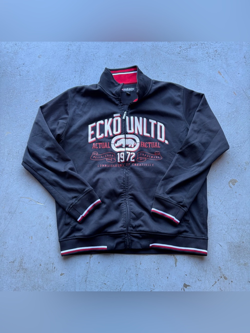 Ecko Unlimited Black Zip-Up Bomber Jacket with Red & White Trim